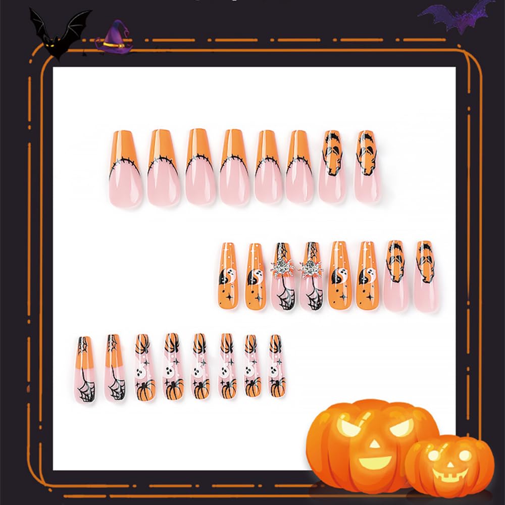 24Pcs Halloween Press On Nails, Medium Ballerina False Nails, Cute Pumpkin Ghost Spider Bat Pattern Acrylic Fake Nails, Reusable Full Cover Stick On Nails For Halloween Party Home DIY Manicure photo 4