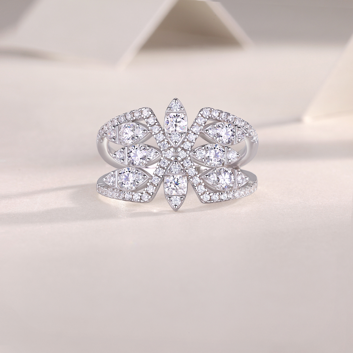 S925 Silver 3.8g Platinum Plated Moissanite Ring, 14.3mm Floral Cluster, D VVS1 GRA Certified US 5-9 photo 6
