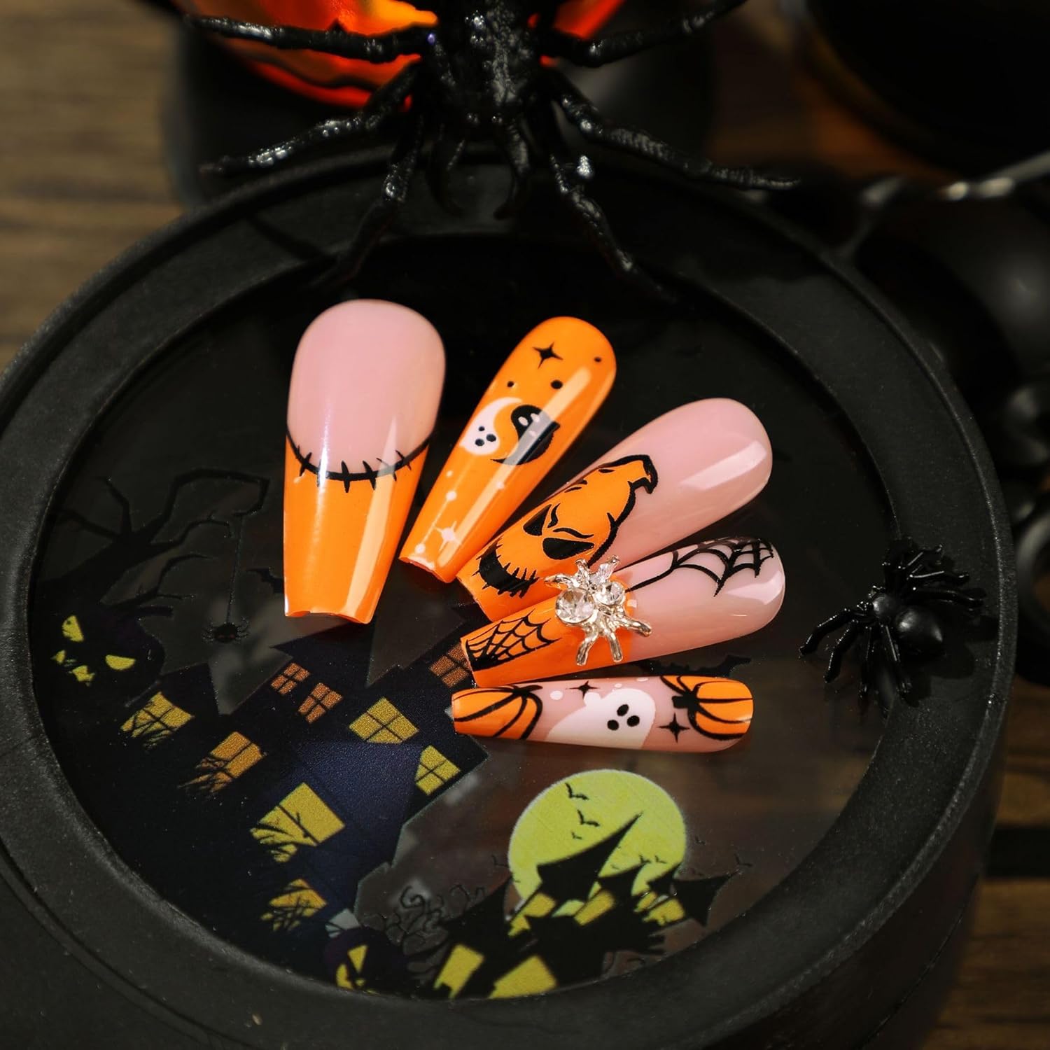 24Pcs Halloween Press On Nails, Medium Ballerina False Nails, Cute Pumpkin Ghost Spider Bat Pattern Acrylic Fake Nails, Reusable Full Cover Stick On Nails For Halloween Party Home DIY Manicure photo 2