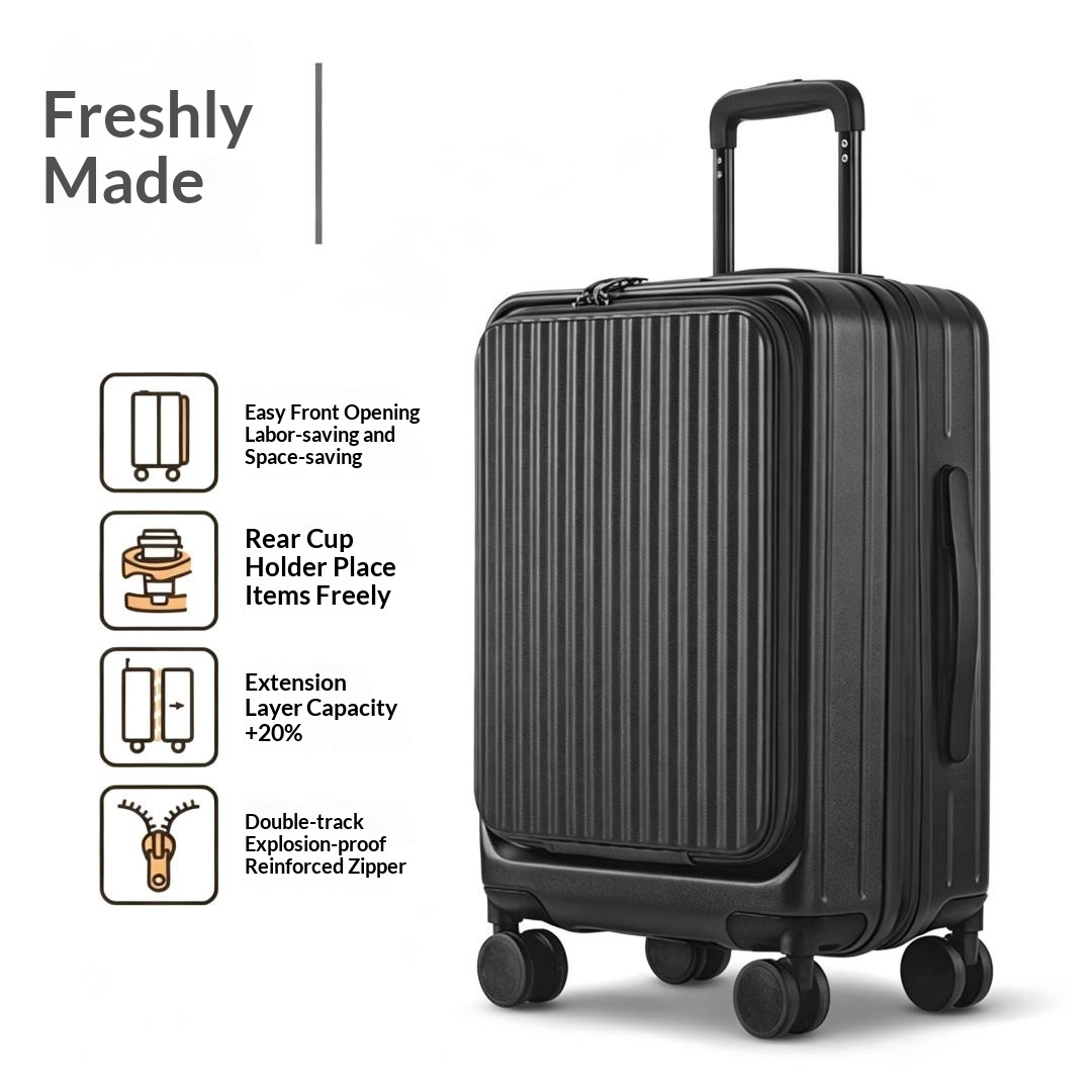 Black--New Side-Opening Expandable 20-Inch Carry-On Rolling Suitcase 26-Lock Travel Luggage 24-Large Capacity Leather Bag For Men And Women photo 1