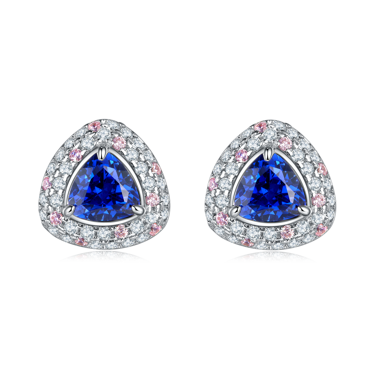 S925 Silver 3g 1.6ct Lab-Created Sapphire Earrings, 6mm Trillion Cut Halo, Pair photo 1