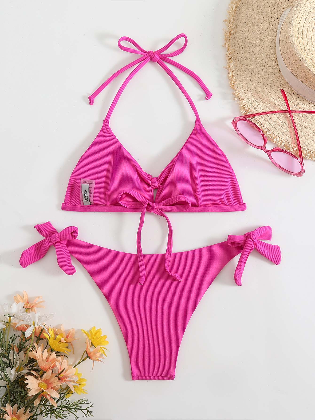 2026 New Solid Color Sexy Circular Cutout Split Set Swimsuit Straps Over-the-Shoulder Halter Two-Piece Bikini Set photo 7