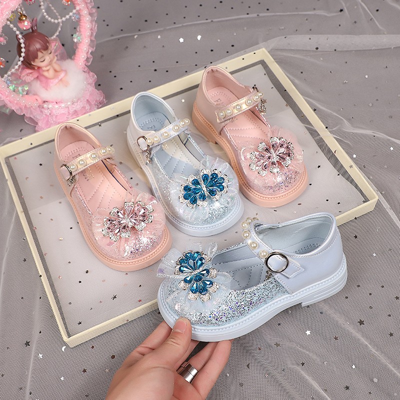2026 Spring & Autumn New Girls Light-Up Princess Leather Shoes, Elsa Crystal Soft Sole Flat Shoes, Little Girls Pearl Decor Single Shoes photo 5