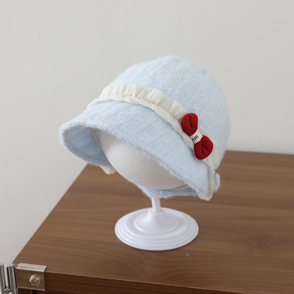 Sweet Style Children's Plush Beanie With Soft Wooden Earflaps And Pleated Edges, Red Bow Knitted Hat, Warm Fishing Hat photo 7
