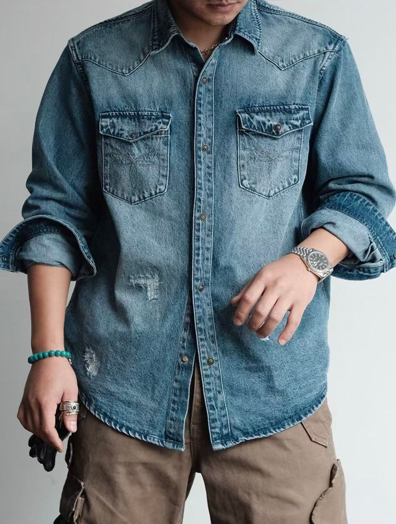 Vintage Western Denim Shirt Men Distressed Long Sleeve Washed Jean Shirt US Warehouse Stock photo 4