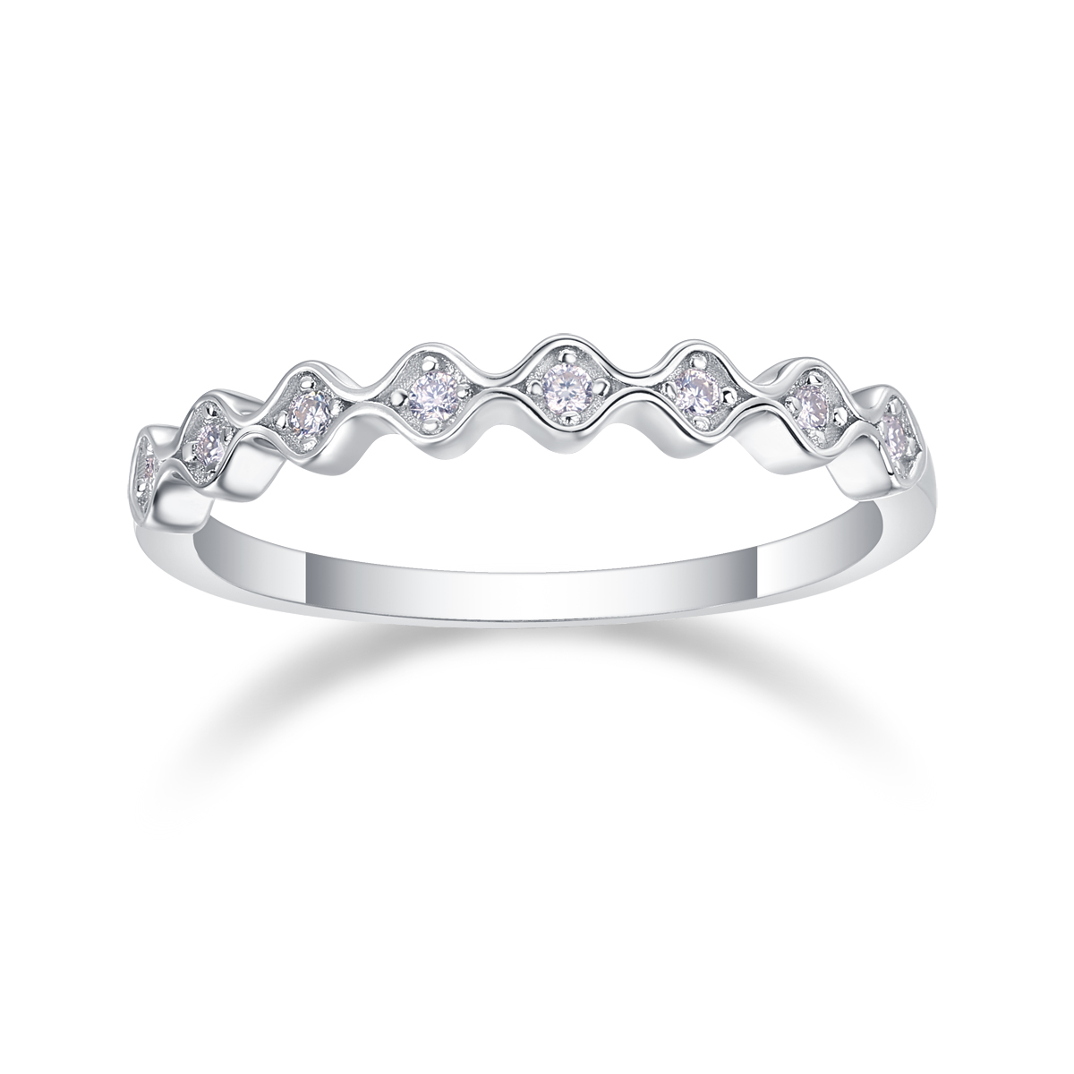S925 Silver 1.4g Platinum Plated Moissanite Ring, 3.0mm Wavy 8pcs D VVS1 Curved Band, GRA Certified US 5-9 photo 1