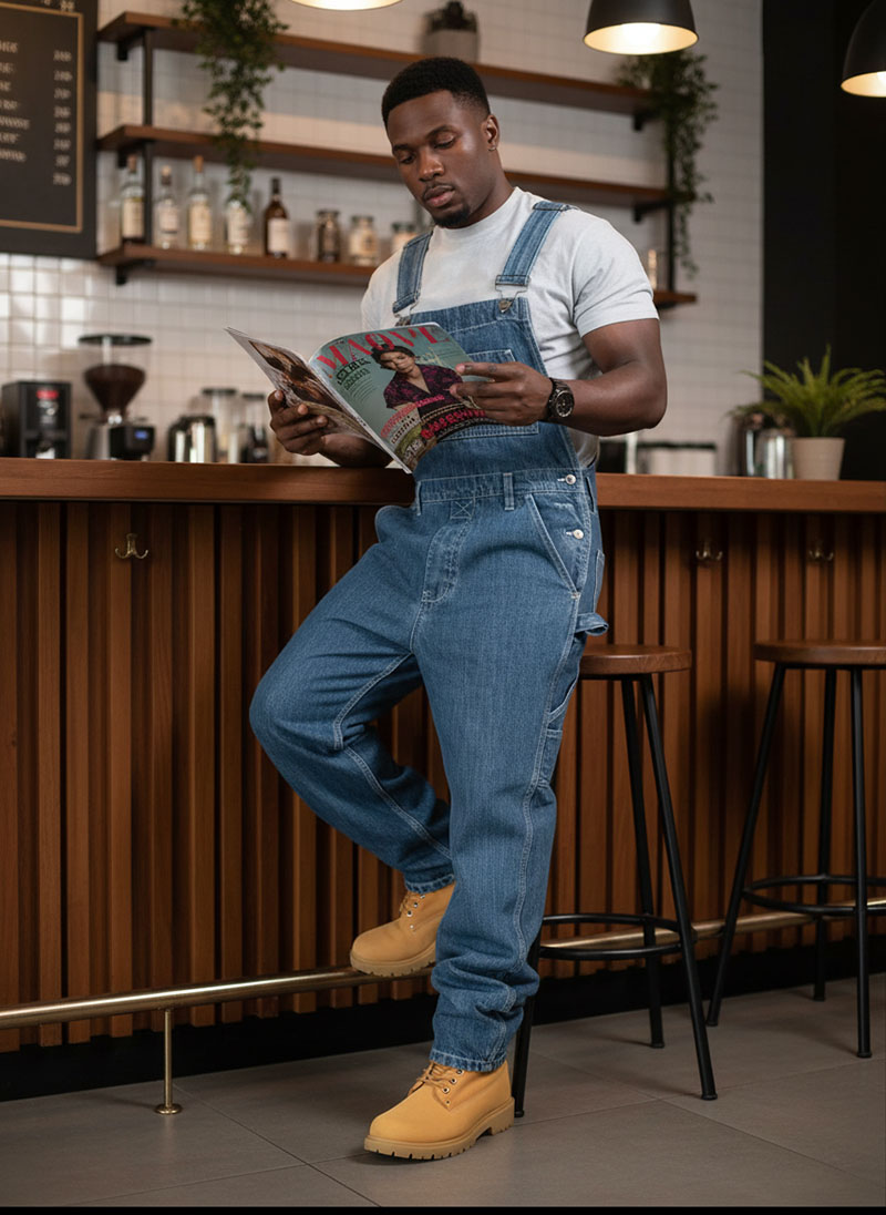 Men's Loose Fit Denim Overalls Dark Blue Carpenter Bib Pants Casual Streetwear Workwear photo 4