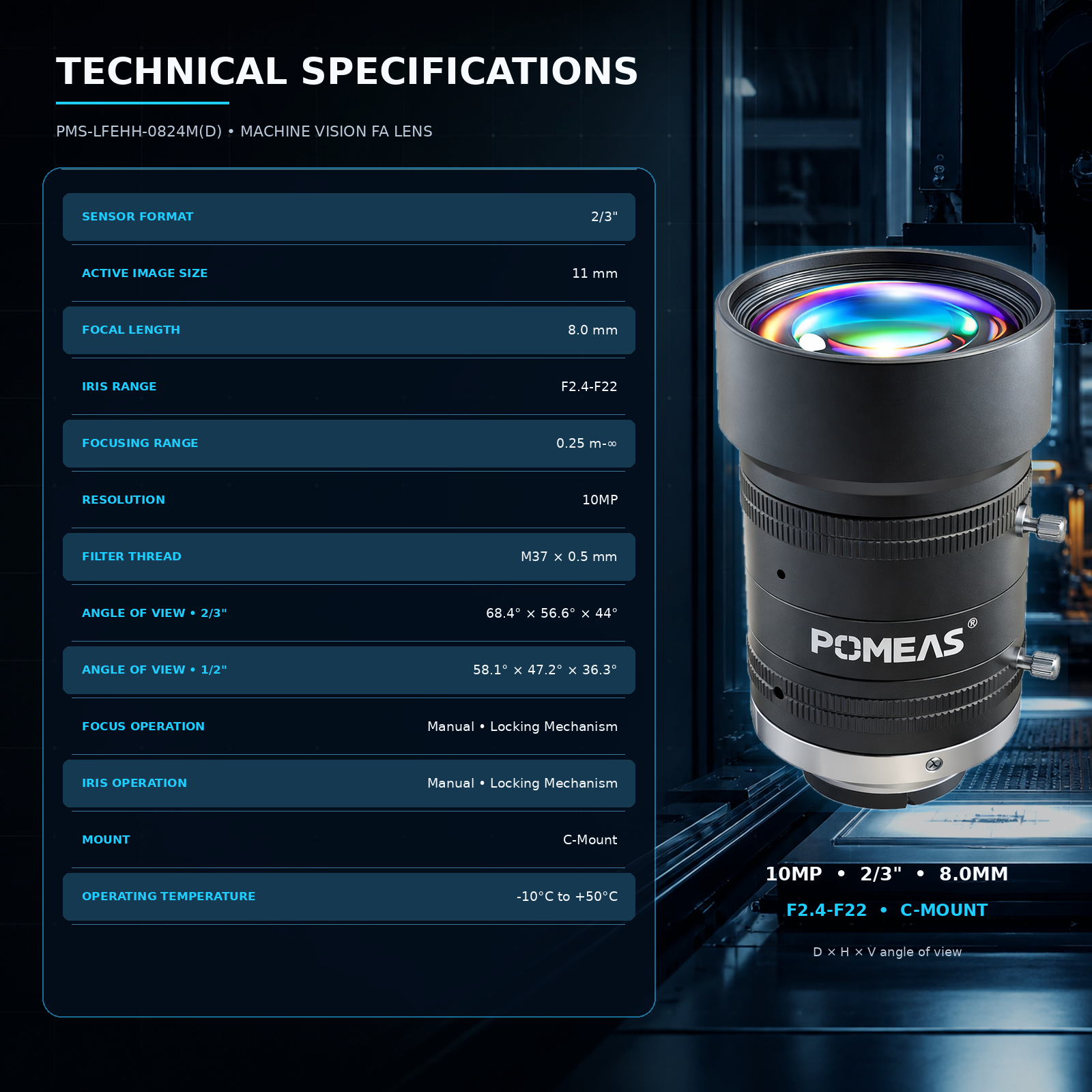 LFEHH-0824M 8mm F2.4 10MP Fixed Focal Length Machine Vision Lens For 2    3 Inch Industrial Cameras photo 4