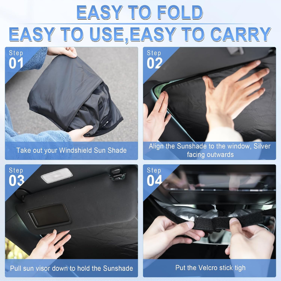 Foldable Car Windshield Sun Shade 58x32 Inch, Reflective Overlapping Window Shade For Car Interior And Front Windshield photo 5