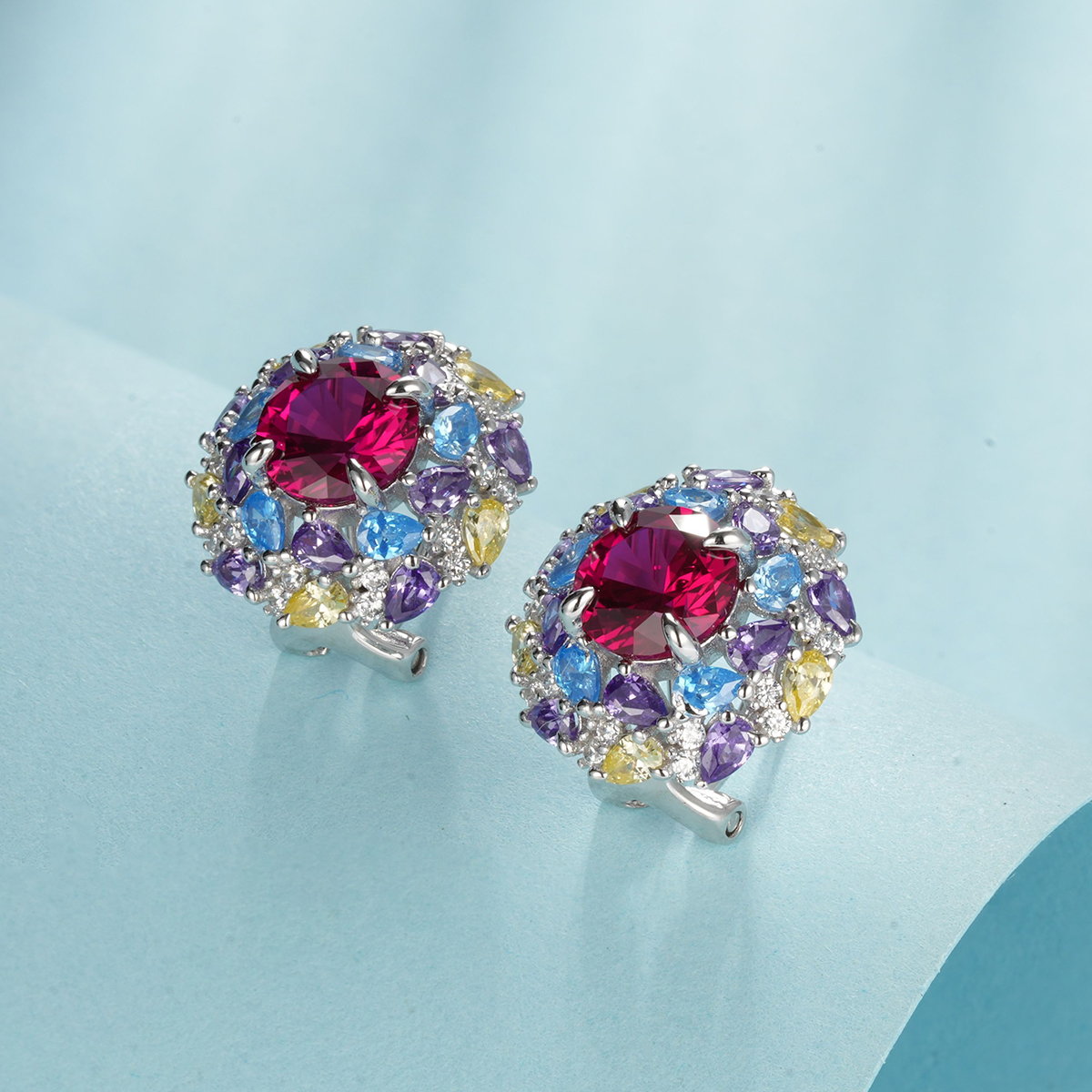 S925 Silver 6.5g 2ct Lab-Created Ruby Earrings, Multicolor Cluster, Pair photo 2