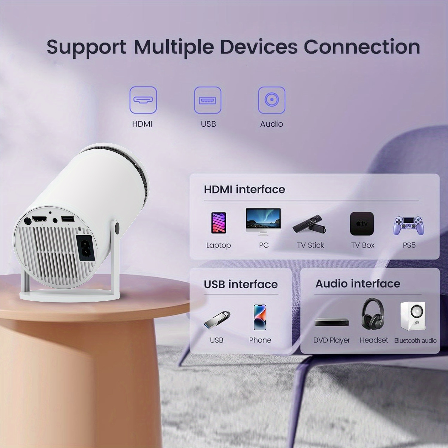 Smart Portable  Theater Projector With Trapezoidal Image Correction,  Wifi 6 Support, Android 12 And Multiple Ports, Mini Size For Phone And Laptop photo 3