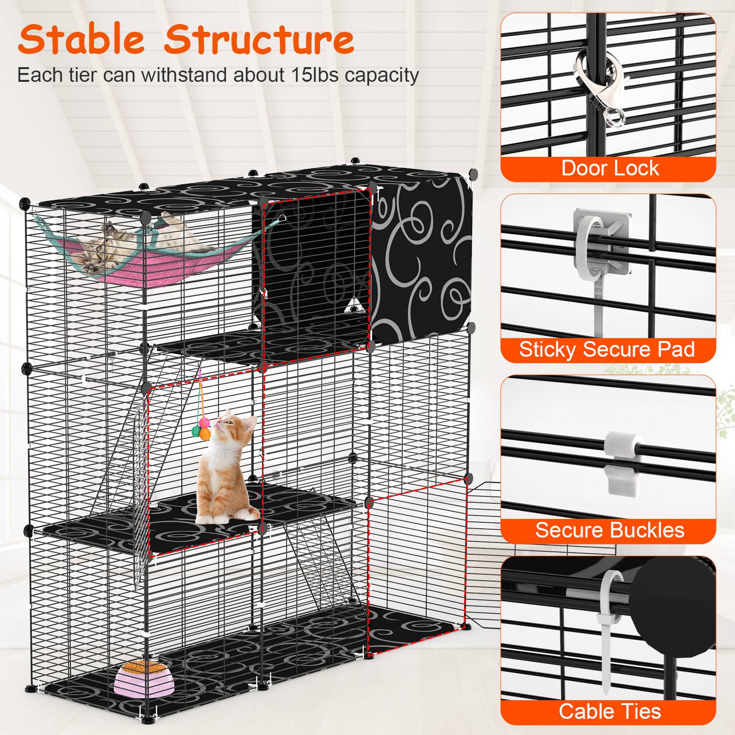 3-Tier Cat Cage Enclosure Indoor Cat Cage Playpen With Hammock Toy Ball Ladder DIY Iron Wire Cat House Kennels Crate For 1-2 Cats Ferret Rabbit Small Animals photo 5