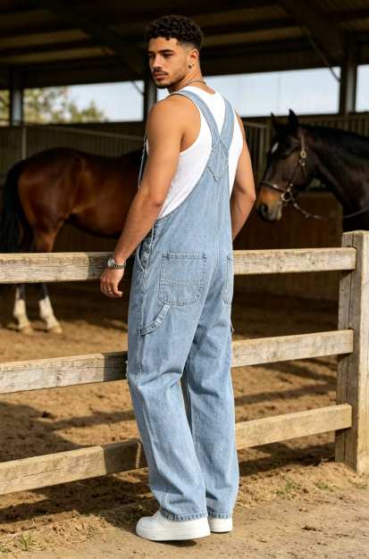 Light Wash Mens Denim Overalls Distressed Baggy Loose Fit Bib Dungarees Vintage Streetwear US Ready Stock photo 3