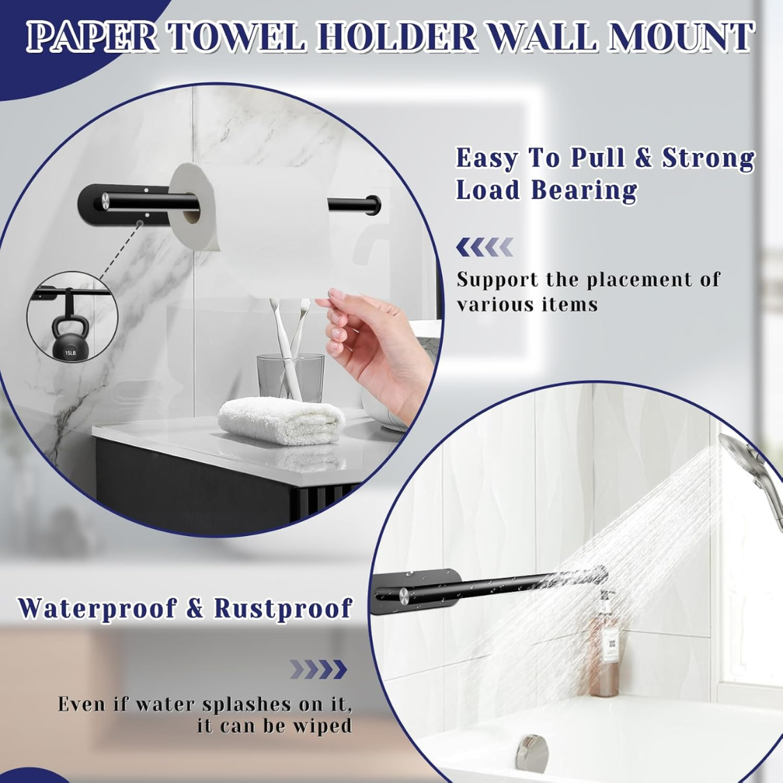 Black Self-Adhesive Under Cabinet Paper Towel Holder Wall Mounted Roll Organizer For Kitchen Bathroom Counter Storage photo 6