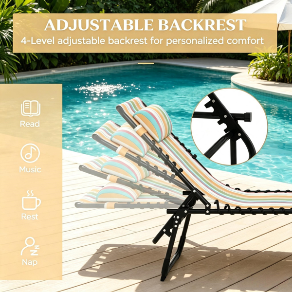 Striped 2 Folding Outdoor Lounge Chairs For Beach Camping Use, Pillow, Mesh & Bungee Seat photo 5