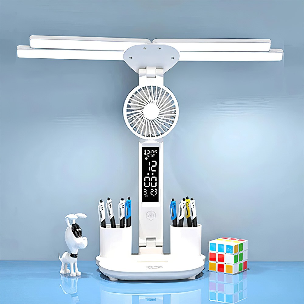 4-Head LED Desk Reading Lamp With Fan Clock Dimmable Rechargeable Touch Light photo 2