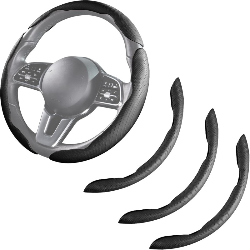 Car Steering Wheel Cover - Leather Snap-on Three-piece Set - Anti-slip Protection Cover - Steering Wheel Control Accessory - Universal Model - Black And Gray photo 1