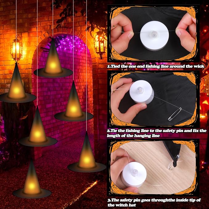 12-Piece Light-Up Halloween Witch Hats With Tea Lights, 3D Bats And Hanging Rope For Indoor Outdoor Decor photo 2