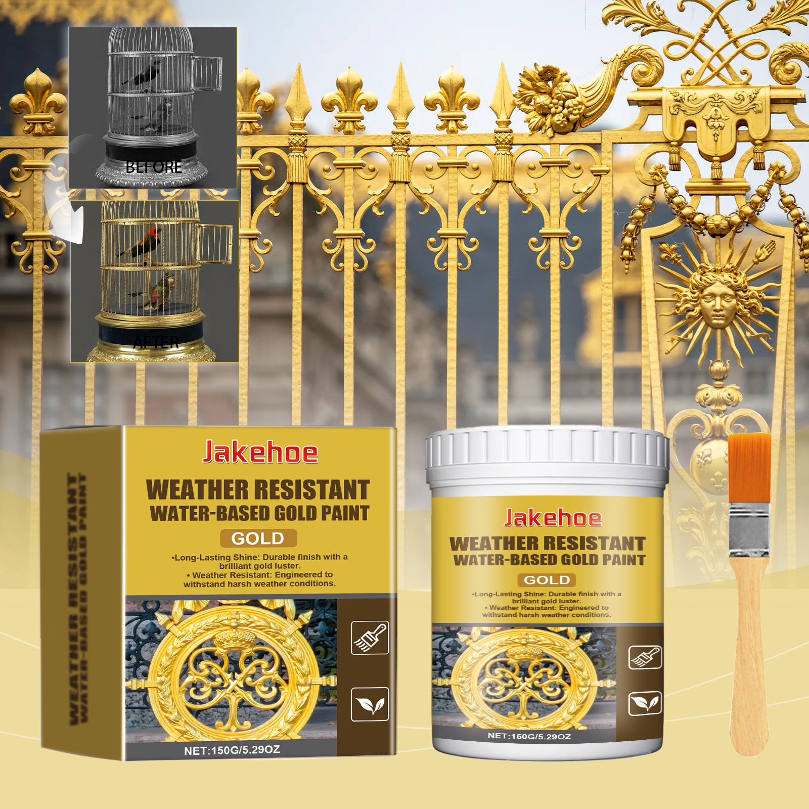 Weatherproof Waterproof Gold Paint 150g Bottle-1 Brush-box photo 3