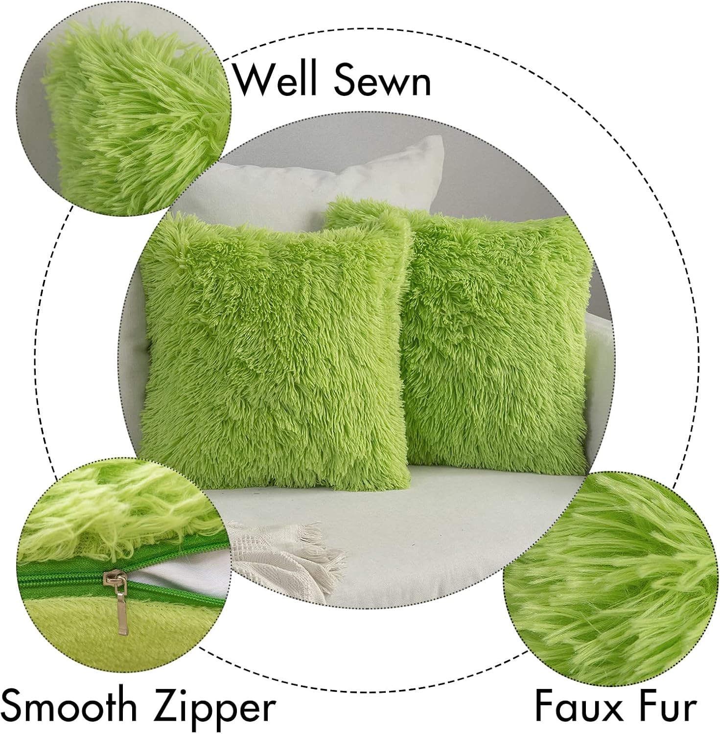 Green Faux Fur Throw Pillow Covers 2 Units, 18x18 Inch Plush Decorative Cushion Cases For Sofa, Bedroom And Car photo 4
