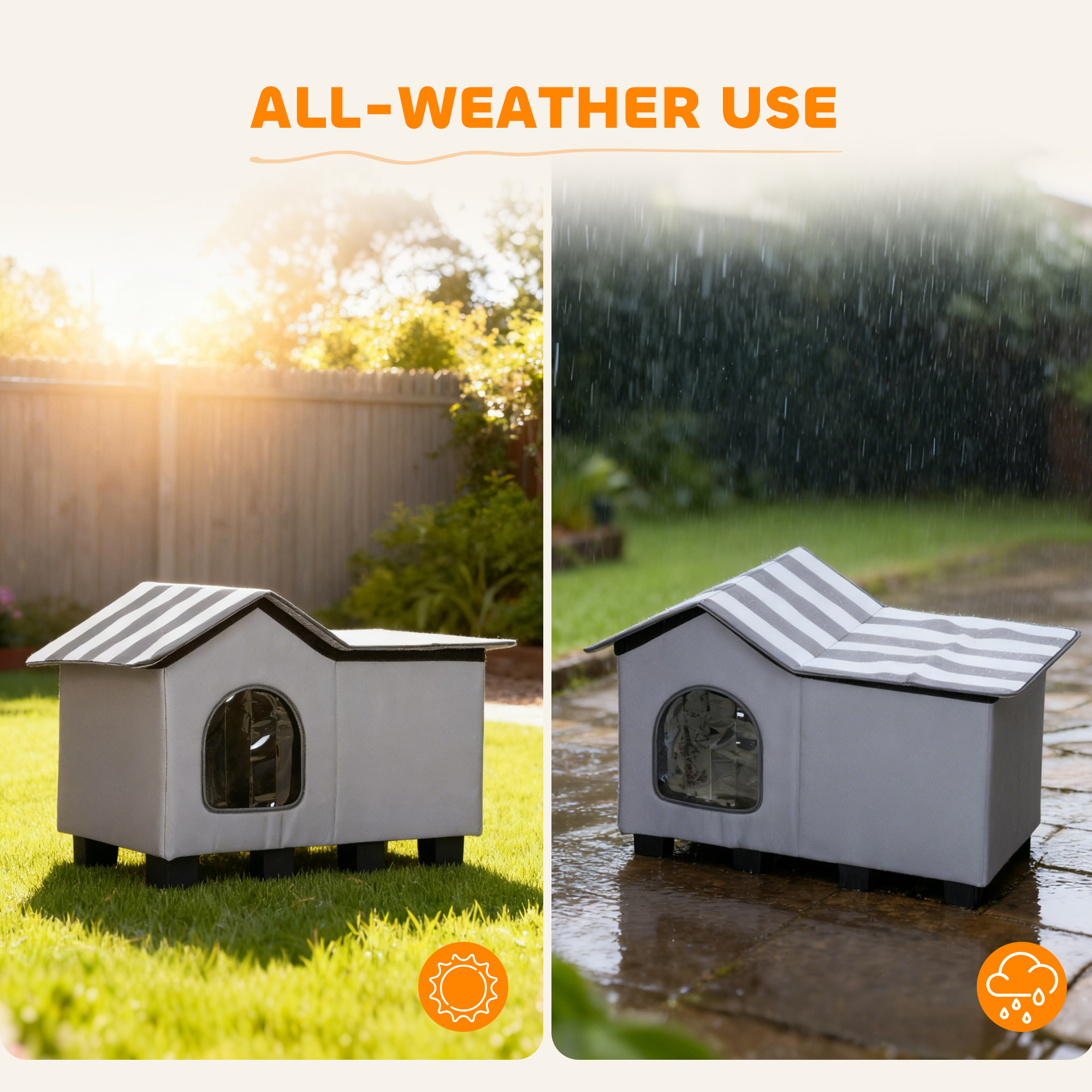 Outdoor Cat House, Weather Resistant Feral Cat Cave With Elevated Base And Cushion For Winter, Grey photo 6