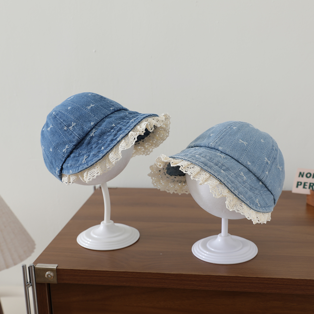 Children's Korean-style Textured Butterfly Knot Lace Trimmed Sailor Hat, Washed And Distressed Wide Brim Soft Cap photo 2