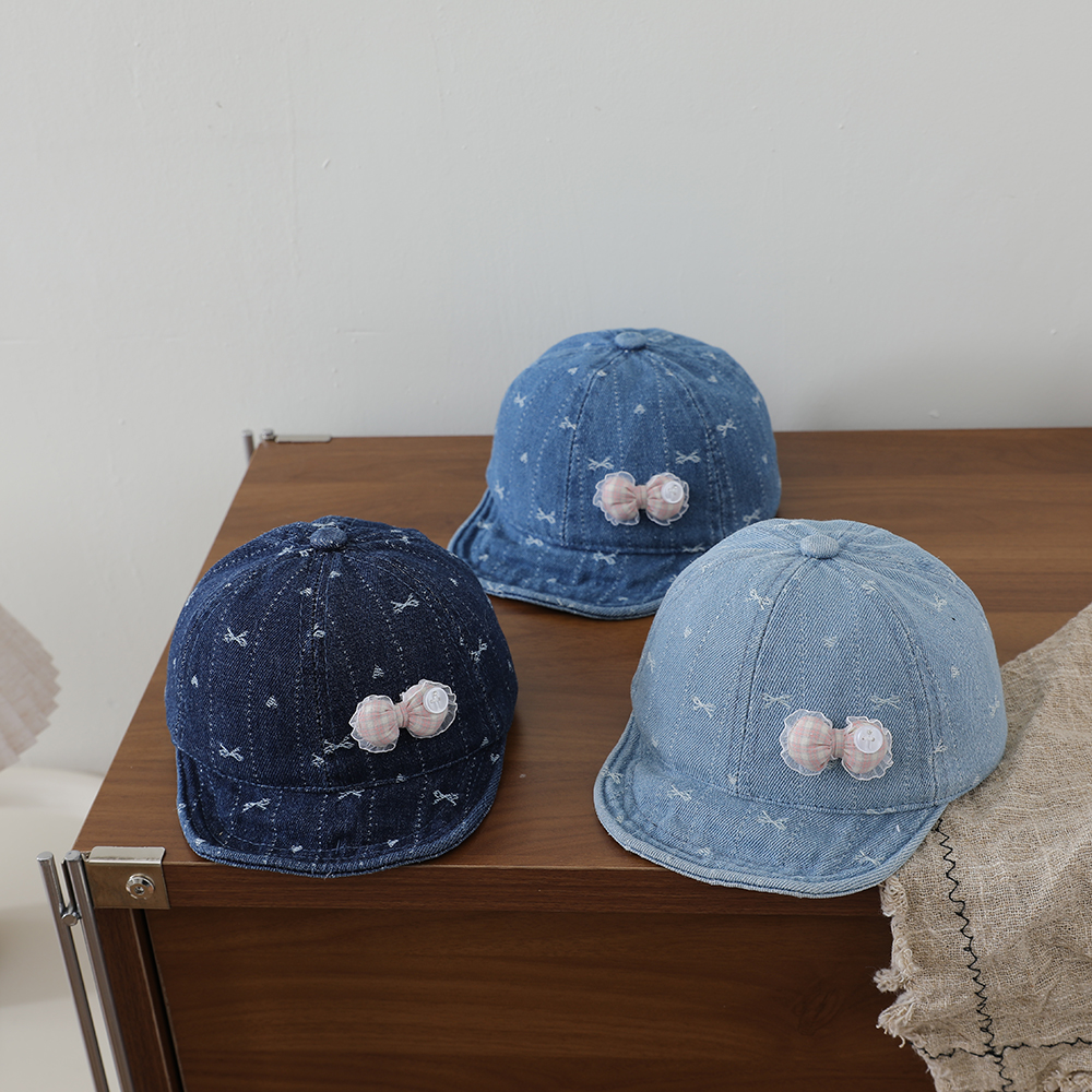 Striped Lace Bow Girl's Denim Baseball Cap, Baby-sized, Washed, Jacquard, Frayed, Heart-shaped Soft Brim Hat photo 1