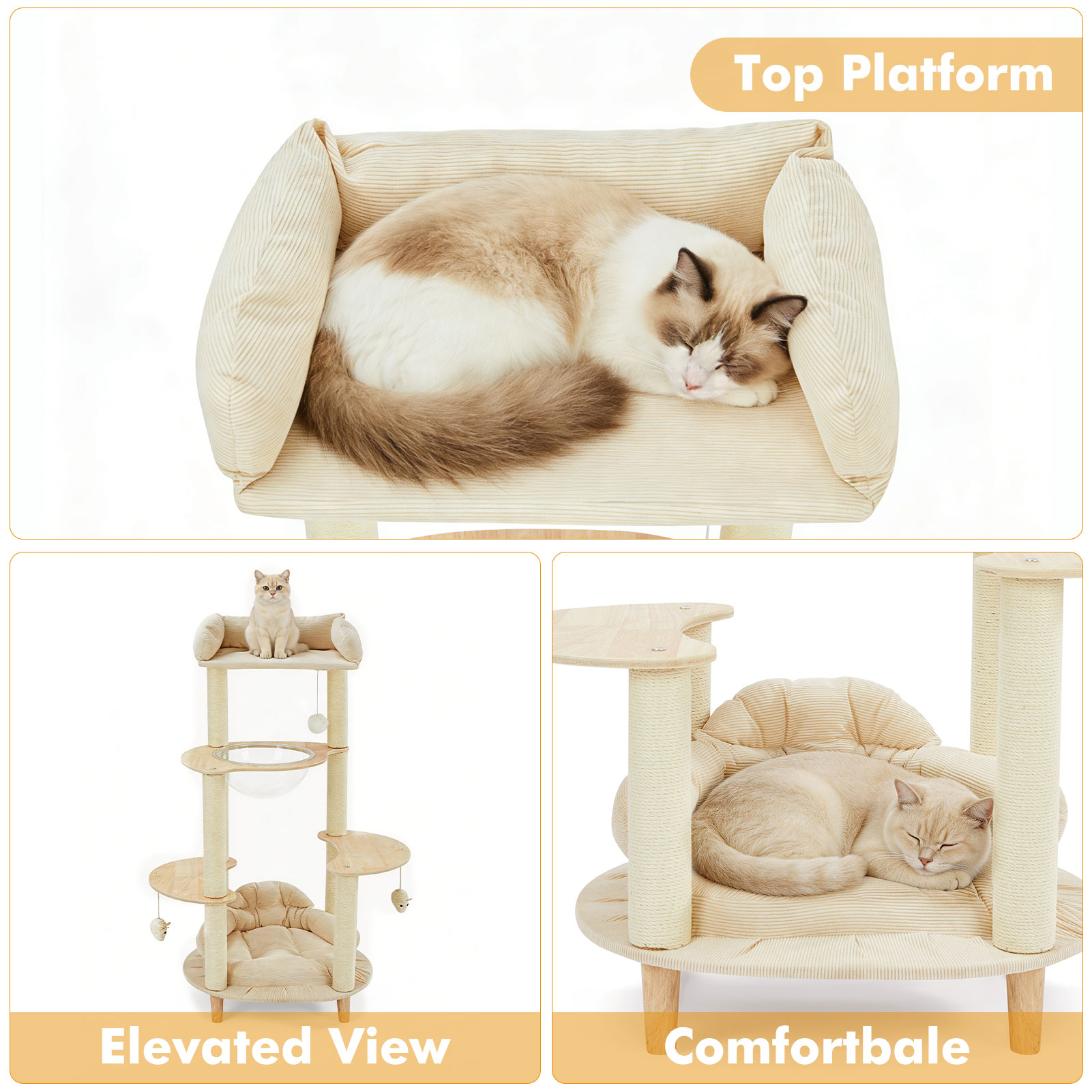 Modern Heavy-Duty No-Drill 4-Tier Solid Wood Cat Tree- 45.7in Multi-Cat Tower With Cozy Bed, Capsule & Extra Wide Perch photo 5
