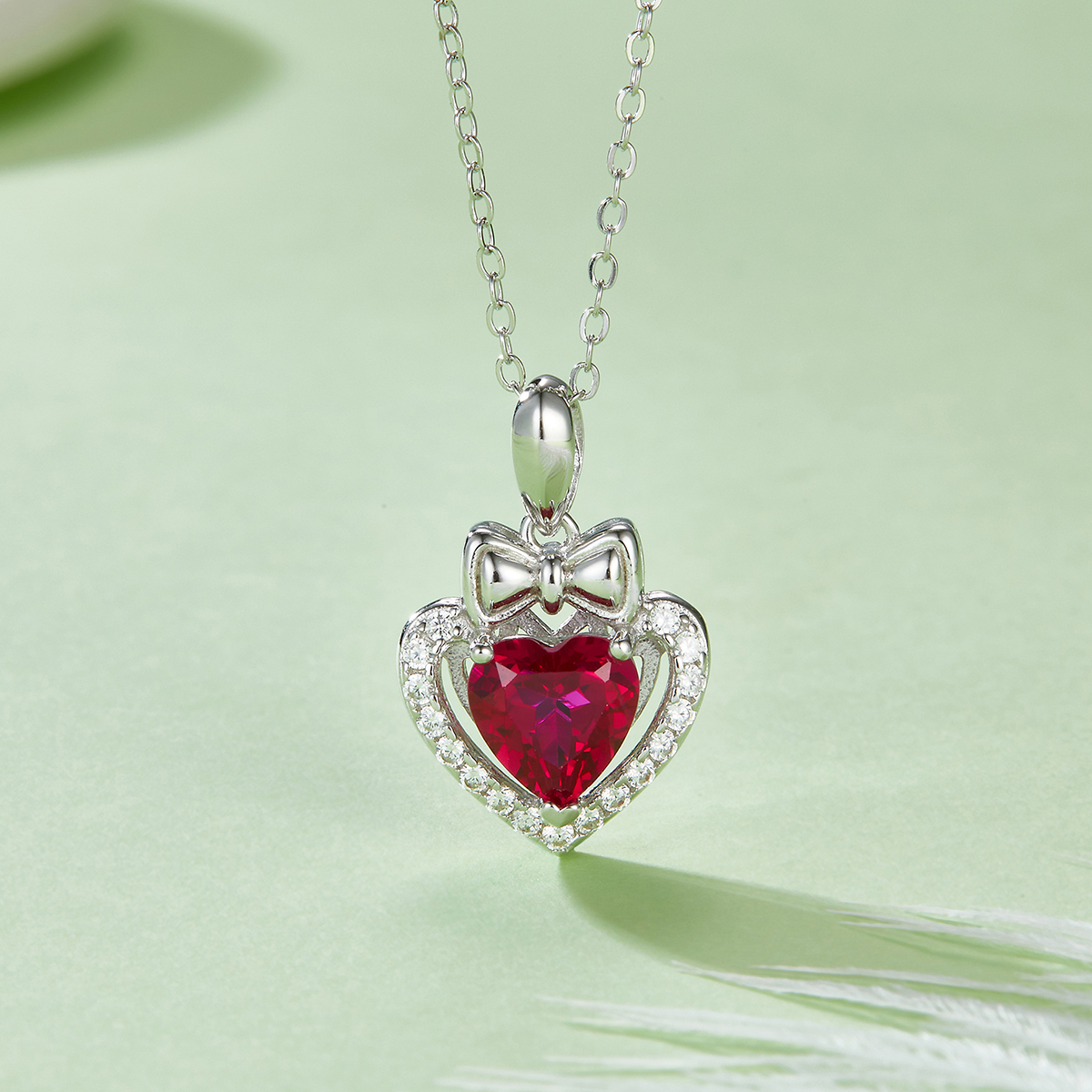 S925 Silver 3g Platinum Plated 1.56ct Lab-Created Ruby Heart Necklace, 7mm Pendant, 40&5cm photo 2