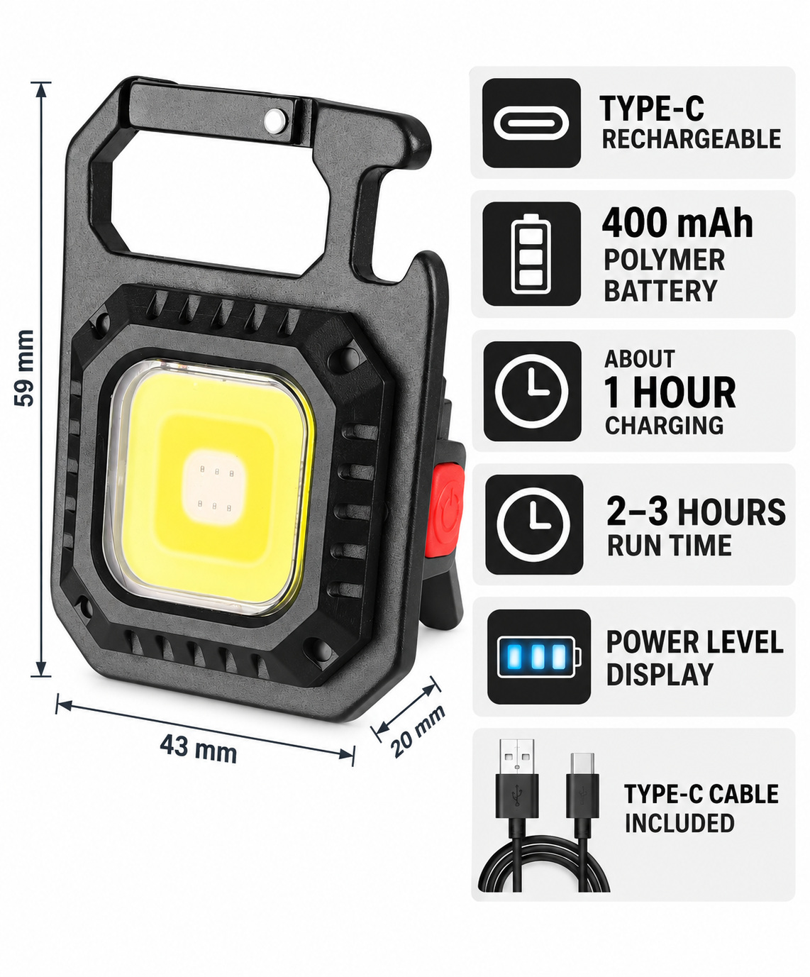 Rechargeable Magnetic Battery Display Type C LED Work Light Hanging Hook W5130 670LM COB Flashlight photo 2