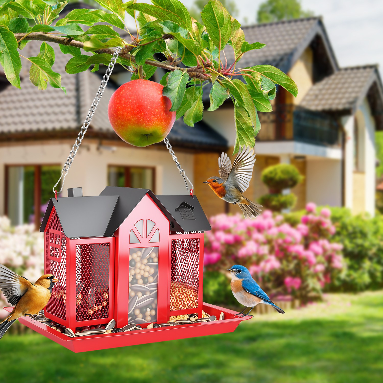 1Pc  Metal Hanging Bird Feeder House Classic Barn Bird Feeder House Iron Hanging Outdoor Feeder With Visible Window And Lift Top Lid 15.75in Hanging Length Wild Birds Garden Yard photo 1