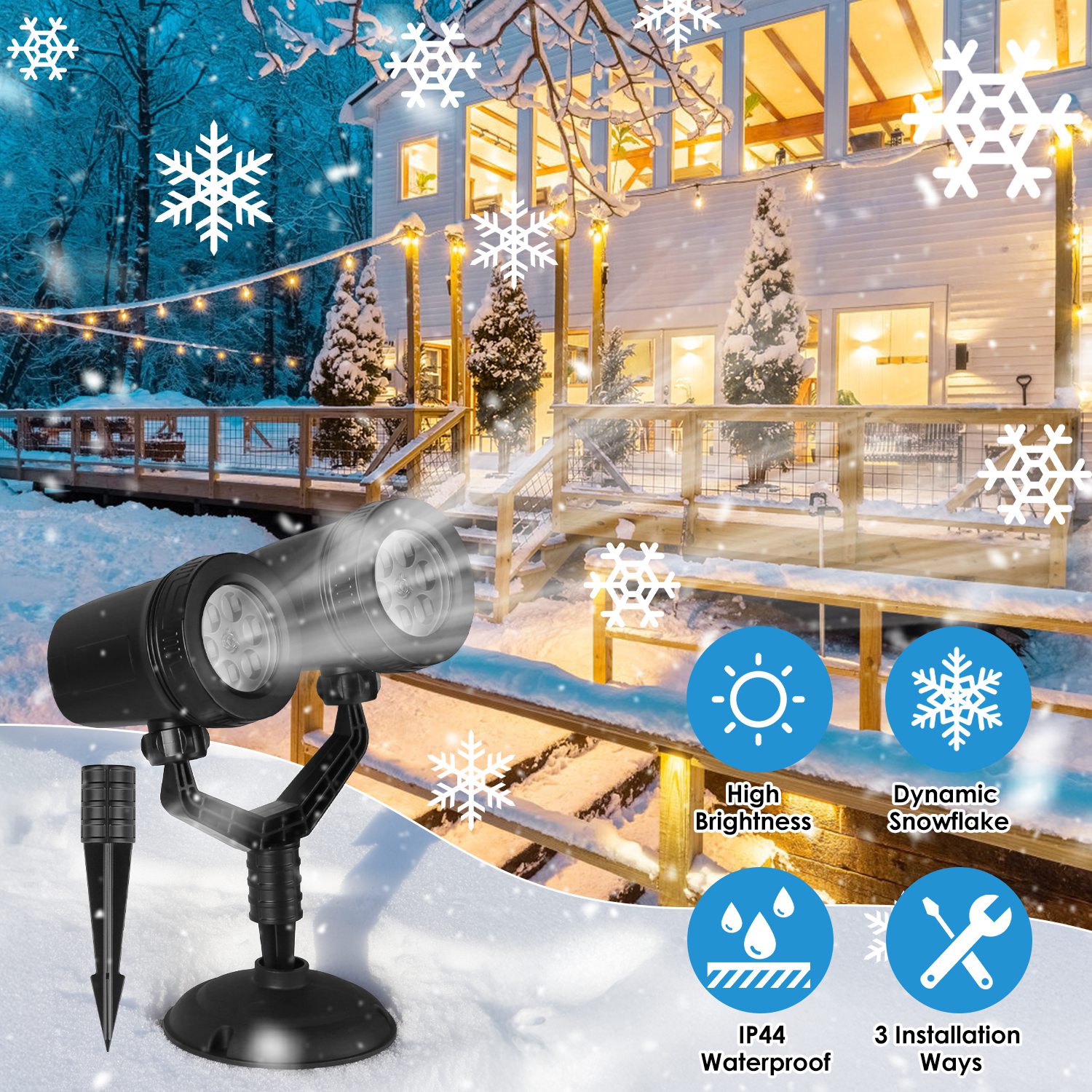 1Pc Christmas Snowflake Projector Light Dual Head LED Stake Light IP44 Waterproof Xmas Decoration For Holiday Indoor Outdoor Use Garden Patio Wall Decor photo 1