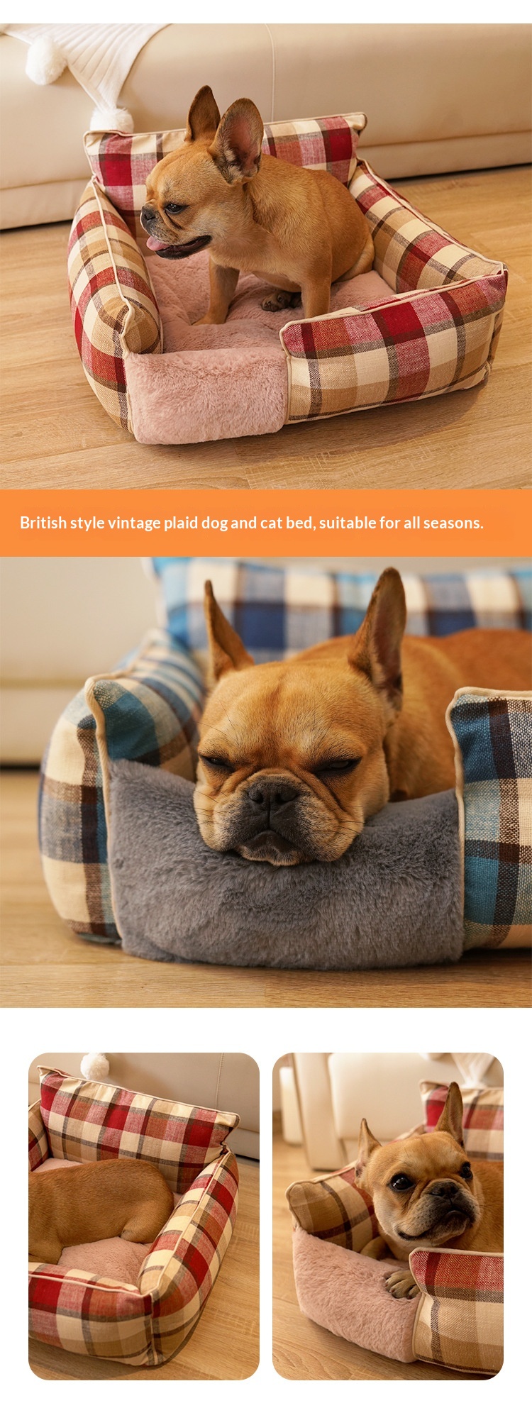 Retro Plaid All-Season Washable Pet Bed, Chew-Resistant For Small Medium Dogs & Cats photo 2