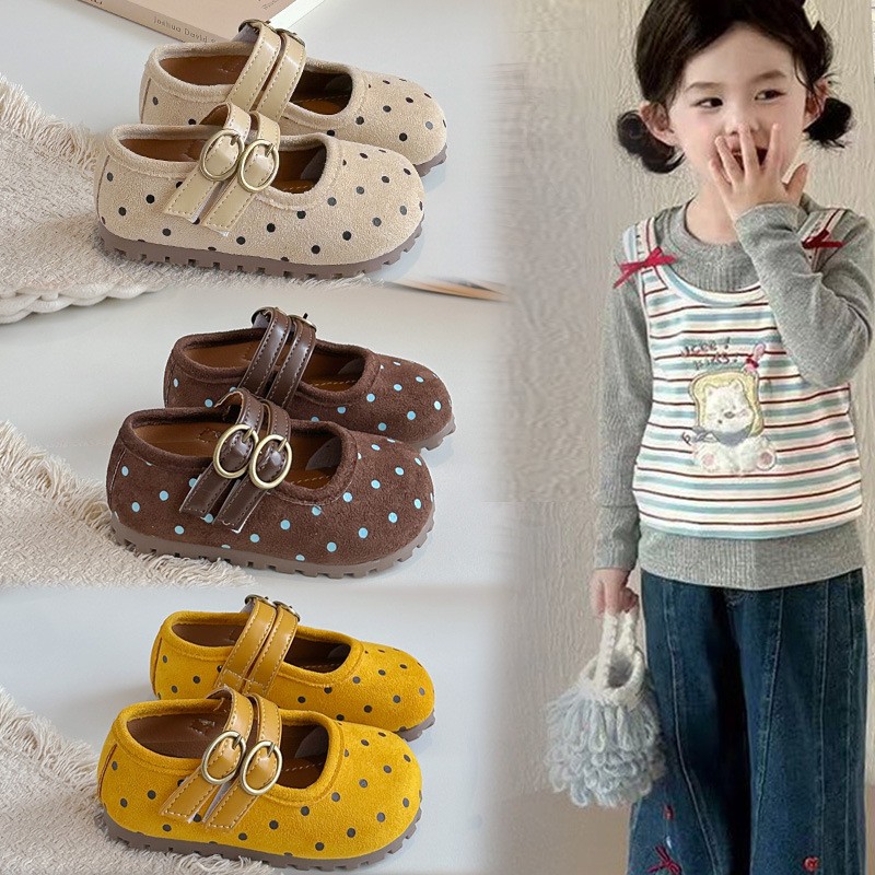 2026 Spring & Autumn New Kids Forest Style Polka Dot Leather Shoes, Korean Style Girls Shallow Mouth Princess Shoes, Soft Sole Casual Flats photo 1