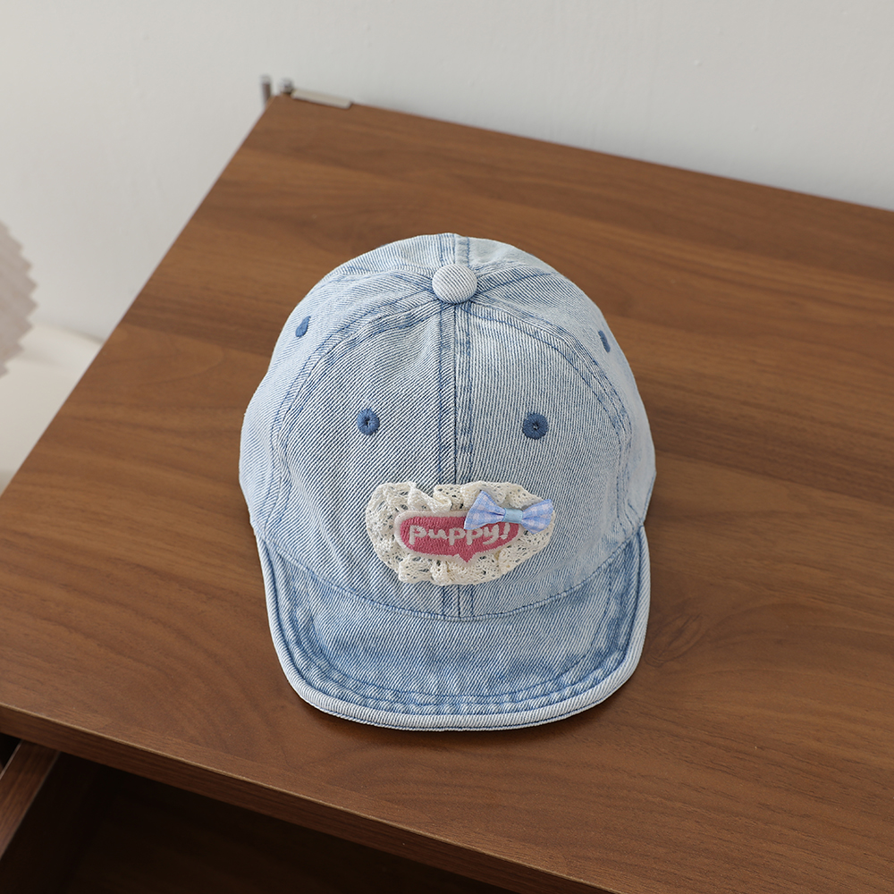 Sweet Style Patchwork Lettered Lace Edging Denim Kids Baseball Cap Washed And Antique Soft Brim Bow Tie Hat photo 6