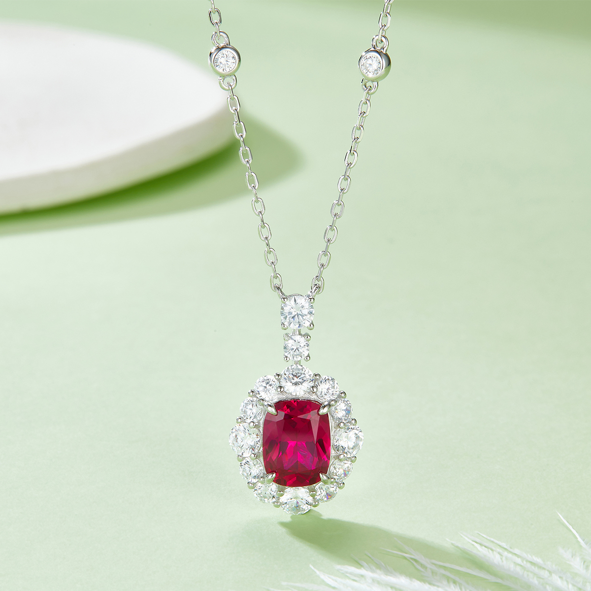 S925 Silver 5g Platinum Plated 4ct Lab-Created Ruby Necklace, 9x7mm Halo Pendant, 40&5cm photo 2
