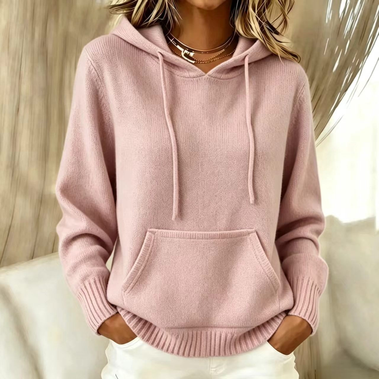 2026 Women's New Knitted Hoodie, Casual Pullover Sweater Top With Pockets photo 4