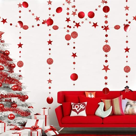 Red Circle Dot And Star Garlands Metallic Hanging Bunting For Christmas, New Year, Wedding And Party Decor photo 4