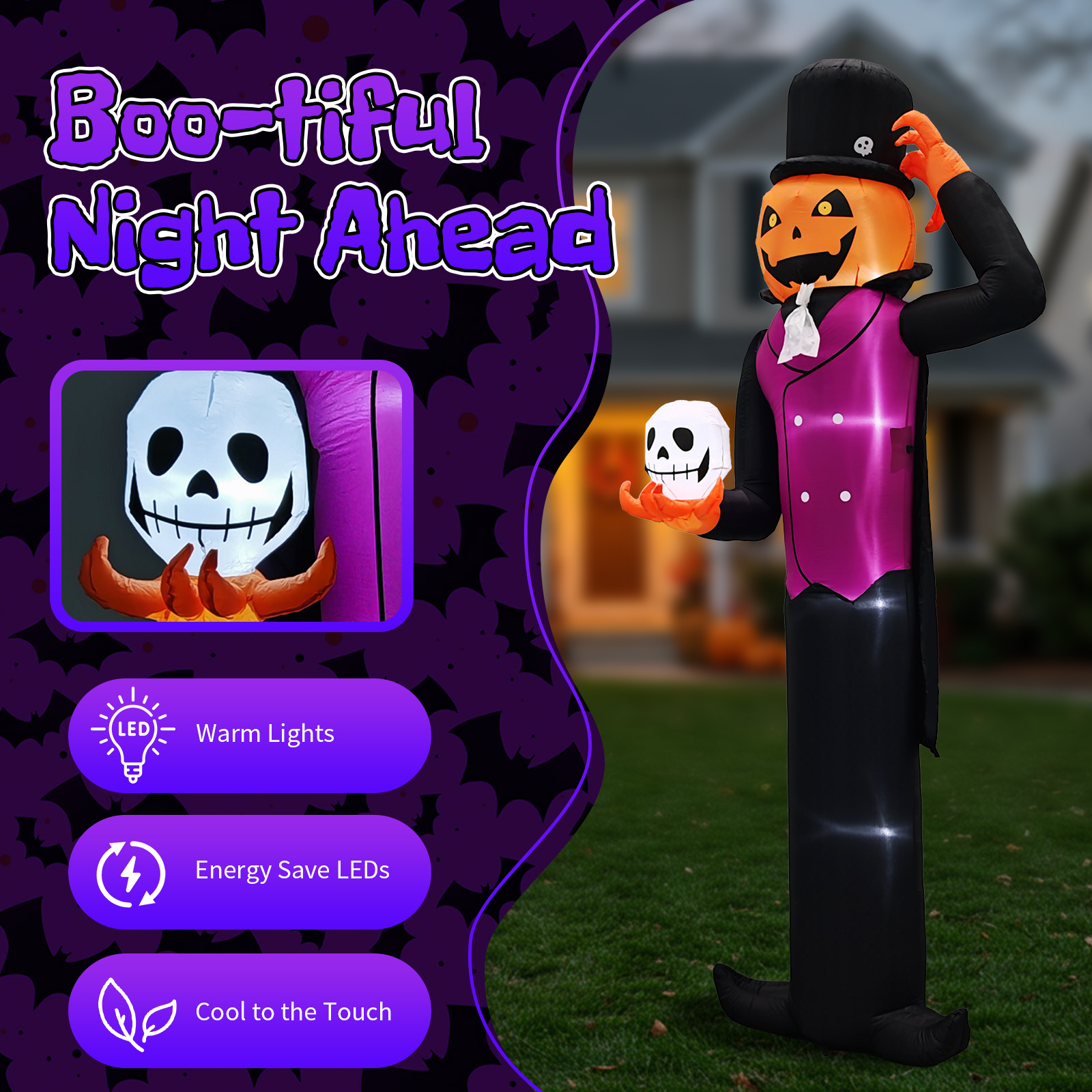 12ft Cape Pumpkin Man 5 White LED Lights Halloween Inflatable Decoration 12V photo 6