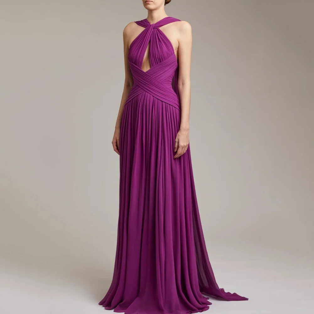 Twist Halter Keyhole Cross Ruched Chiffon Floor Length Evening Maxi Dress photo 2