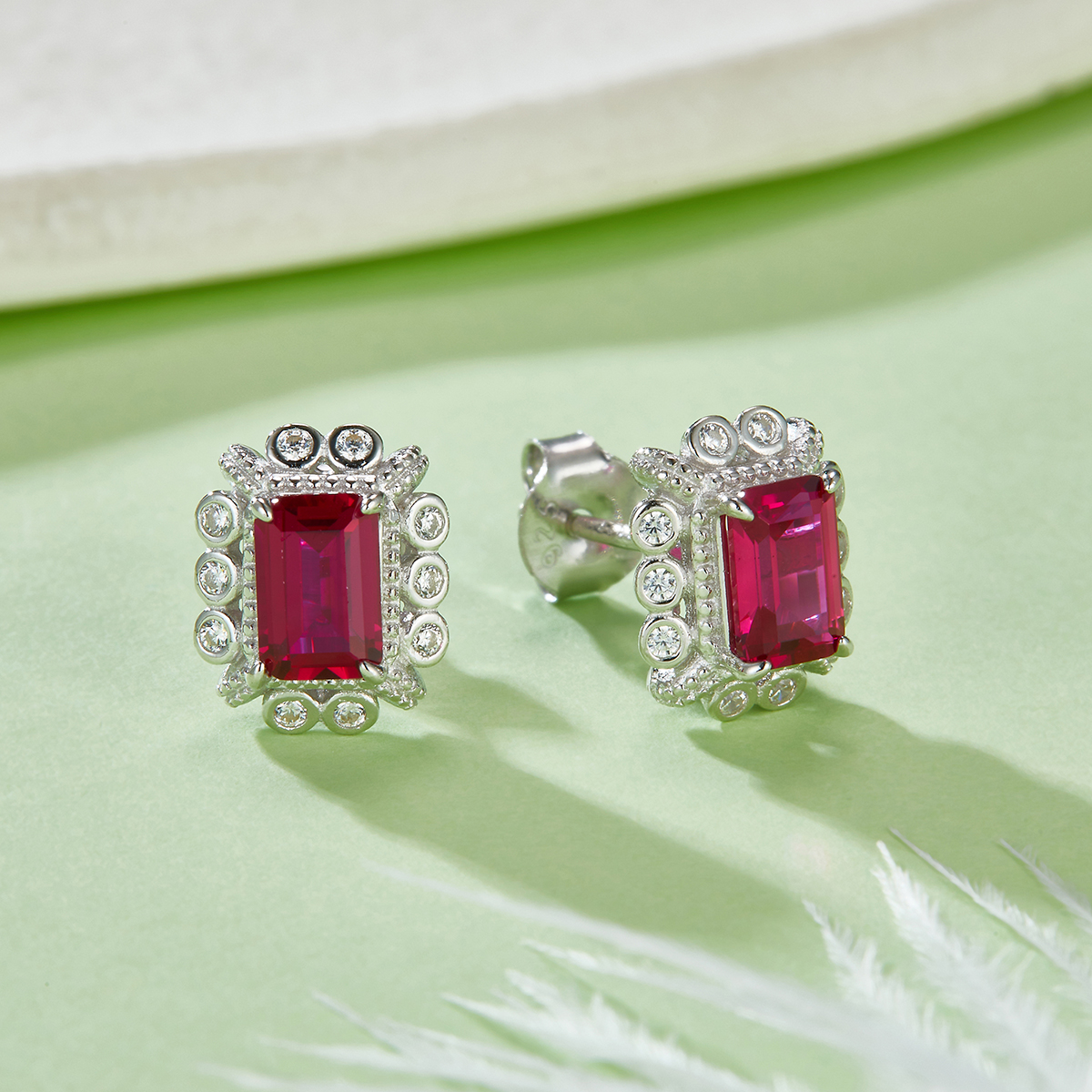 S925 Silver 2.2g Platinum Plated 1.6ct Lab-Created Ruby Stud Earrings, 6x4mm Emerald Cut, Pair photo 2