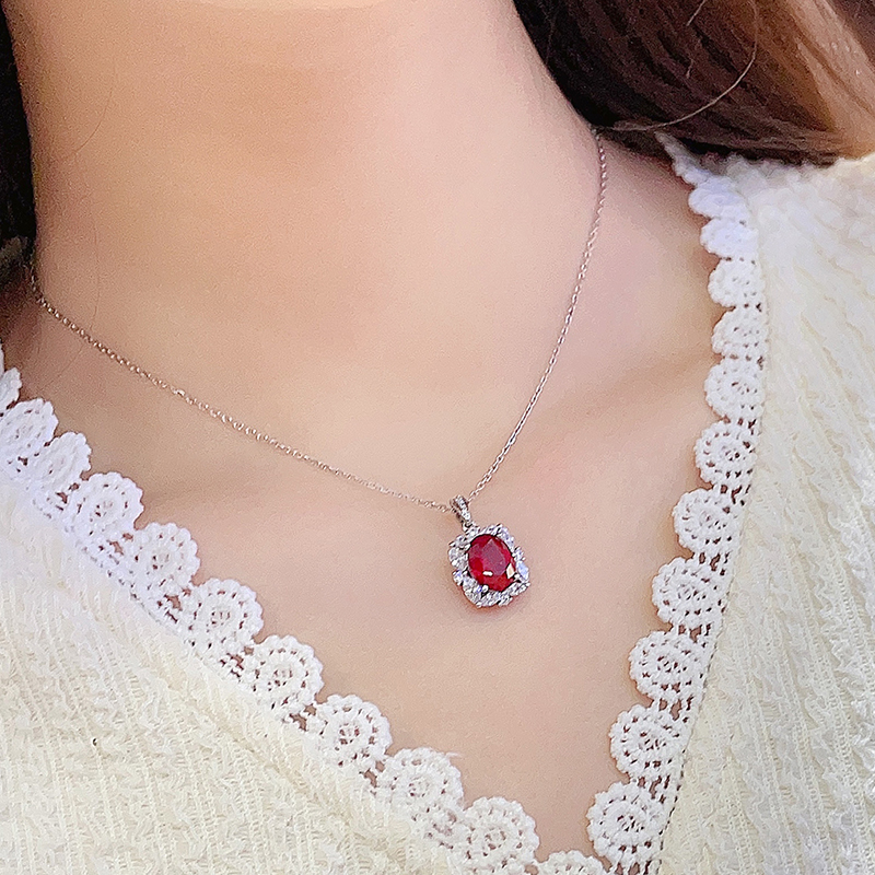 S925 Silver 3.9g Lab-Created Ruby Necklace, 10x8mm Oval Halo Pendant, 40&5cm, GRA Certified photo 5