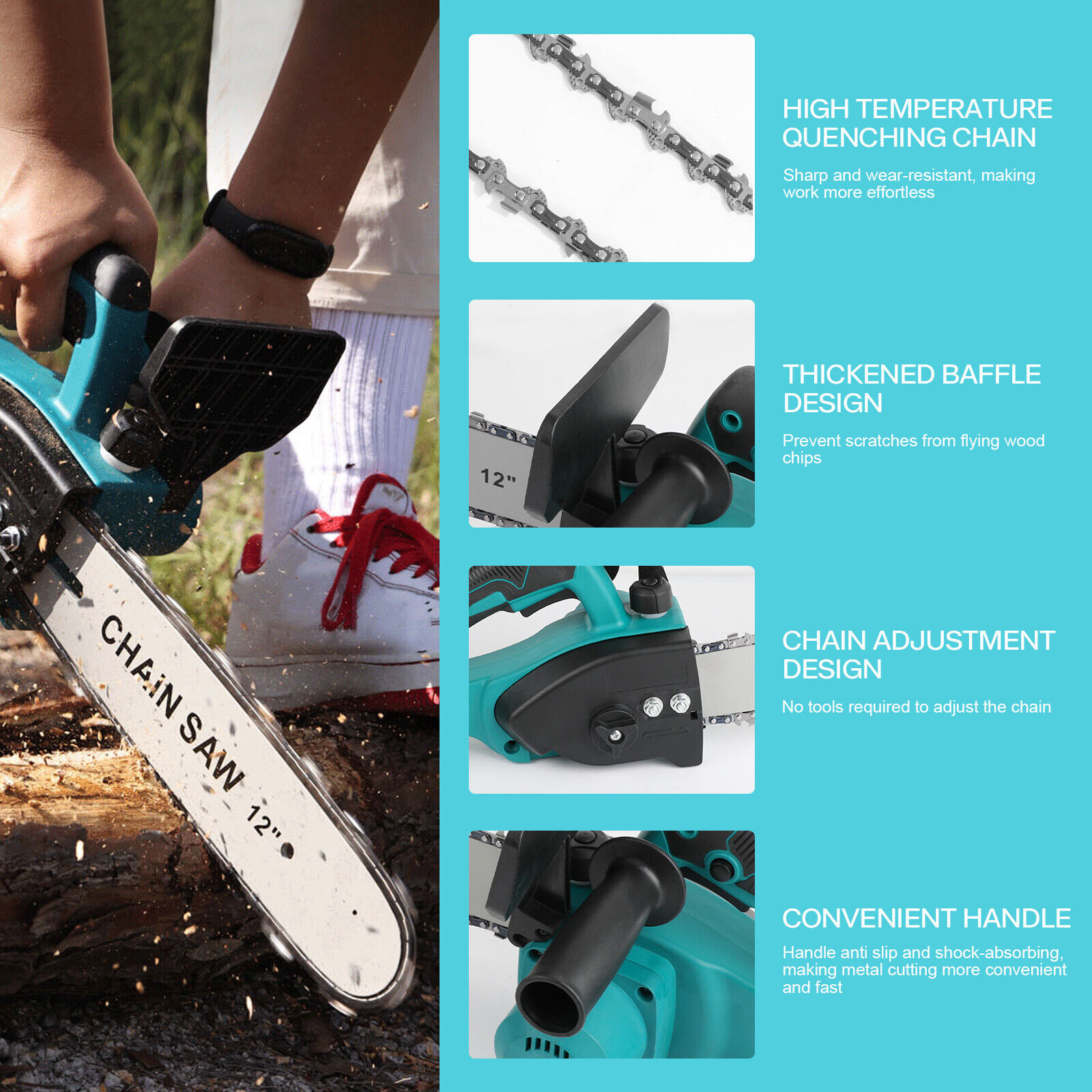 12in Chainsaw Cordless Electric Pruning Shears One-Handed Portable With 2Battery 1Charger Gloves 2Chains 1 Carry Box For Branch Wood Cutting Garden Tree Logging Trimming photo 5