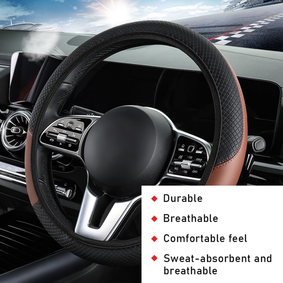Car Steering Wheel Cover, 15 Inch Leather Breathable Auto Steering Wheel Protector, Comfortable Non-Slip Vehicle Steering Wheel Covers, Universal Interior Car Accessories Black&Coffee, AD photo 6
