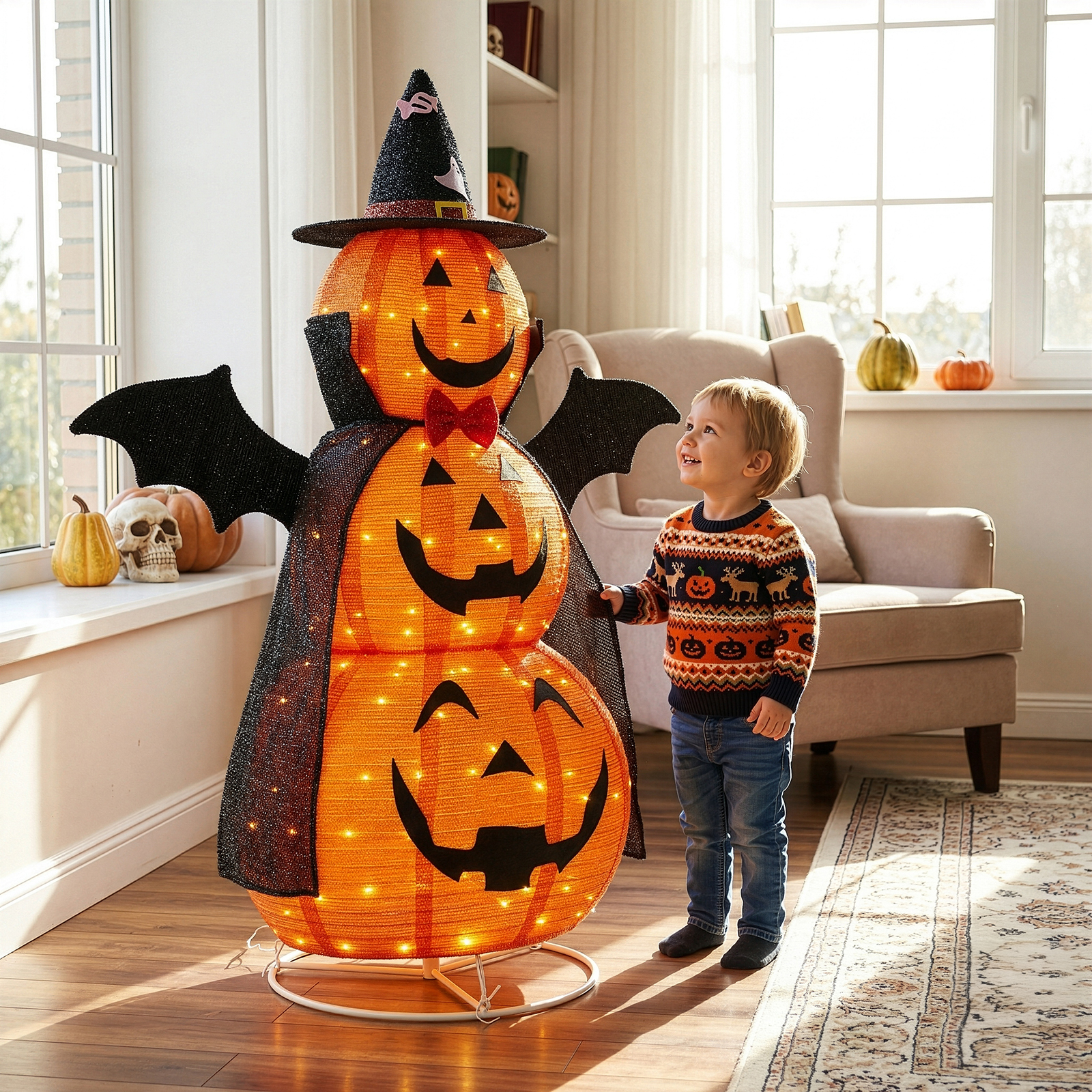 5ft Orange 3-Tier Retractable Fabric Pumpkin Halloween Light Decor With Cape & Wings,130 Warm White LED String Lights,4.5V 3.6W photo 2