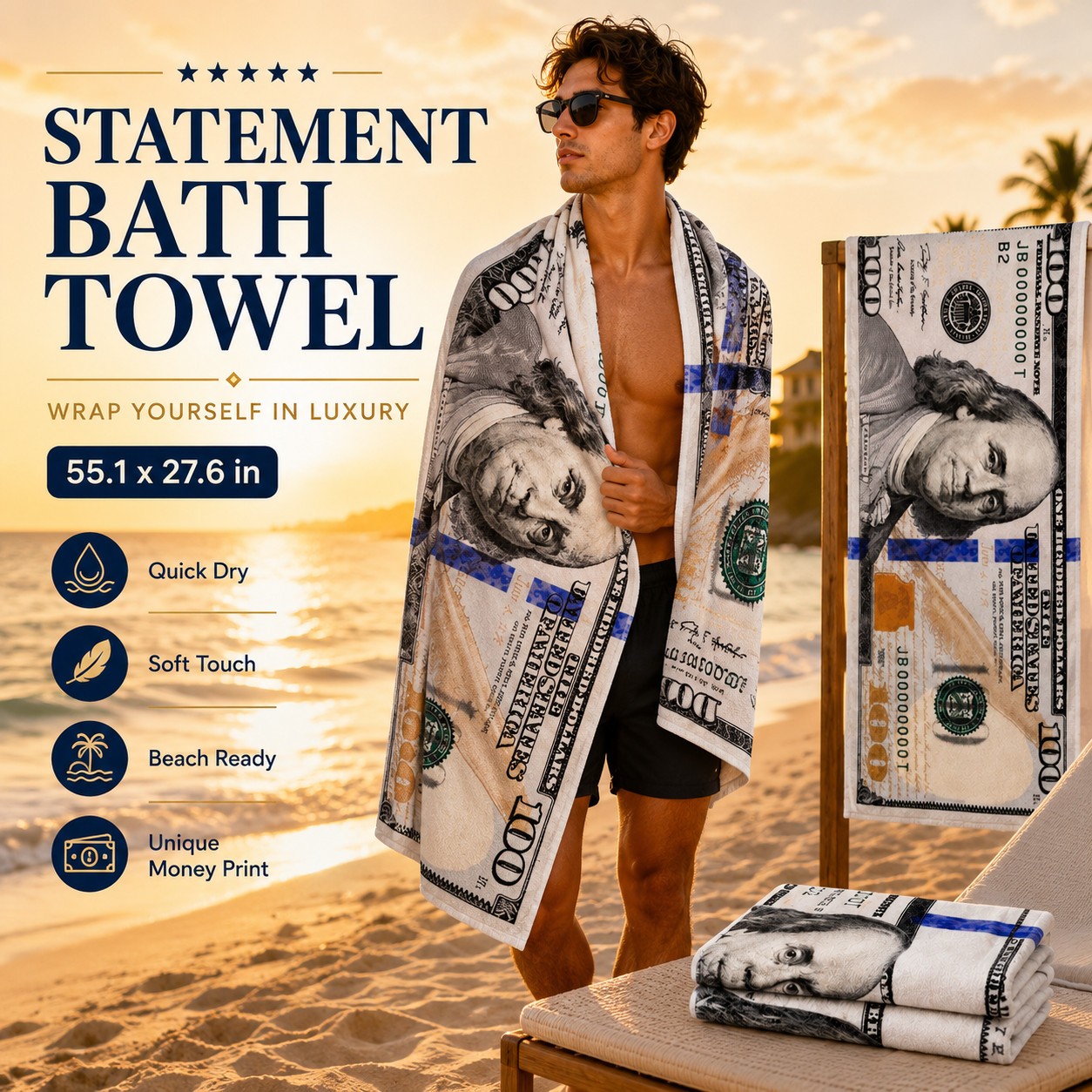 55x28in Cash Print Beach Towel Soft Velour Absorbent US Dollar Seaside Pool Towel photo 6