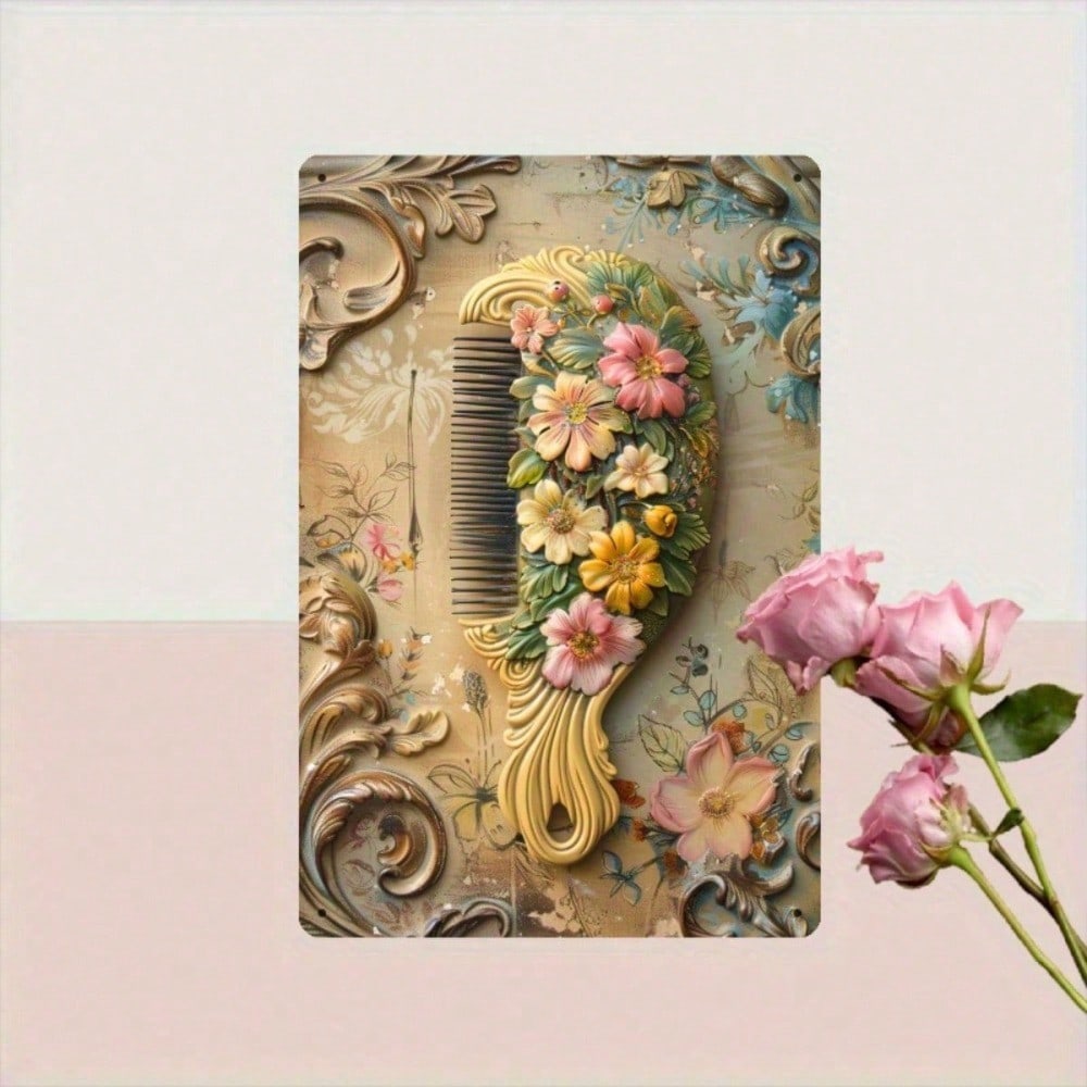 Vintage French Hair Comb Metal Wall Decor Sign, Humorous Floral Hanging Art photo 3