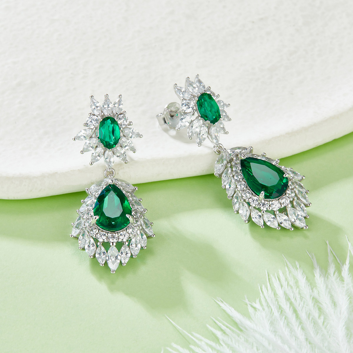 S925 Silver 8.8g 4.12ct Lab-Created Emerald Drop Earrings, 11x7mm & 6x4mm, Pair photo 2
