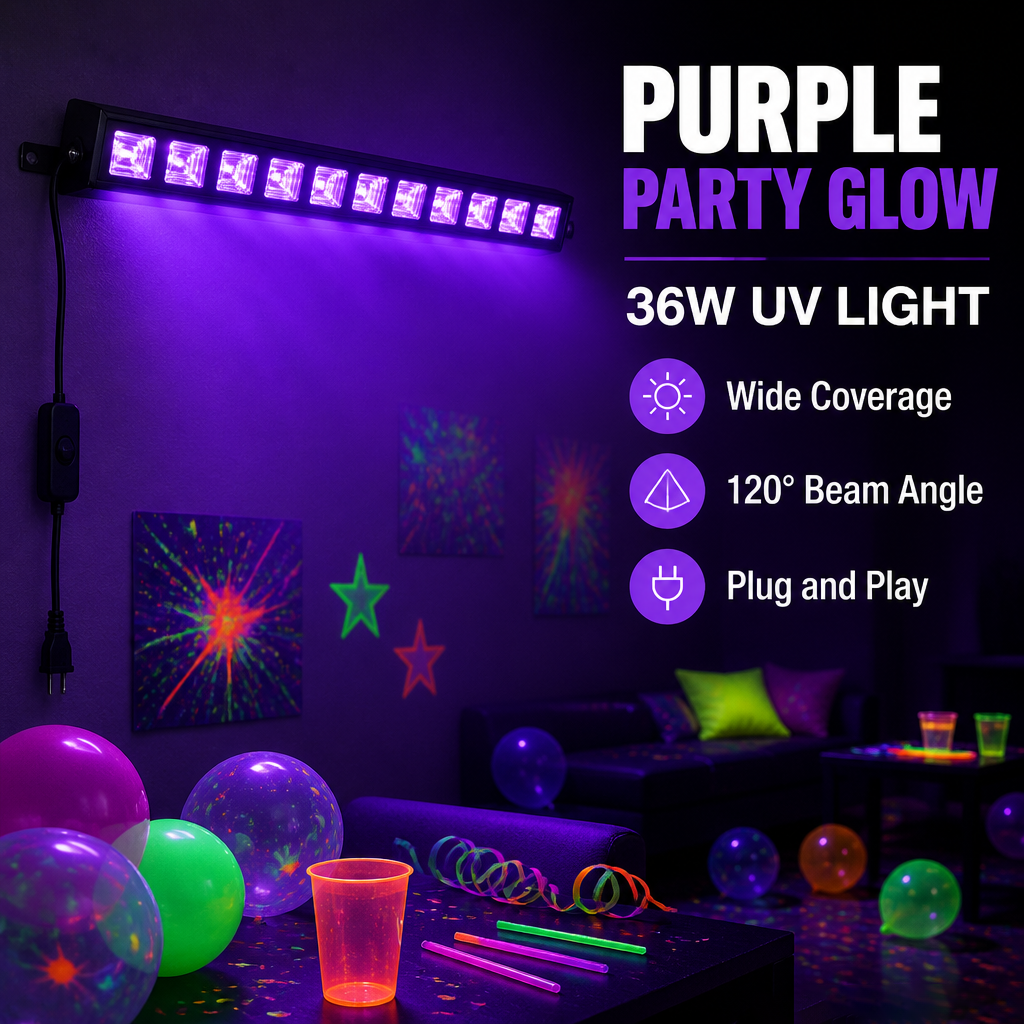 36W UV LED Blacklight Strip Plug & Play, Ultraviolet Glow Bar For Party Stage Bedroom Halloween Blacklight Decor UK NEW photo 3