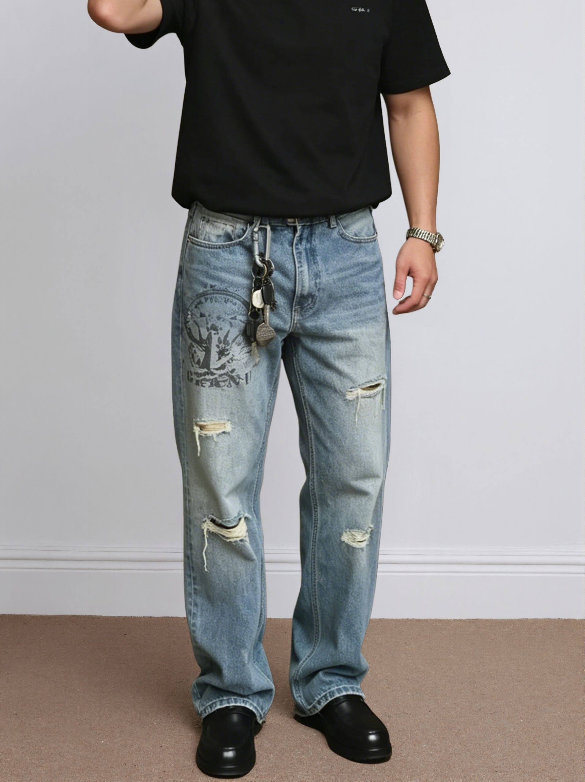 Graphic Print Jeans Men Relaxed Fit Light Blue Denim Pants Distressed Streetwear Plus Size Big Tall Ready Stock photo 5